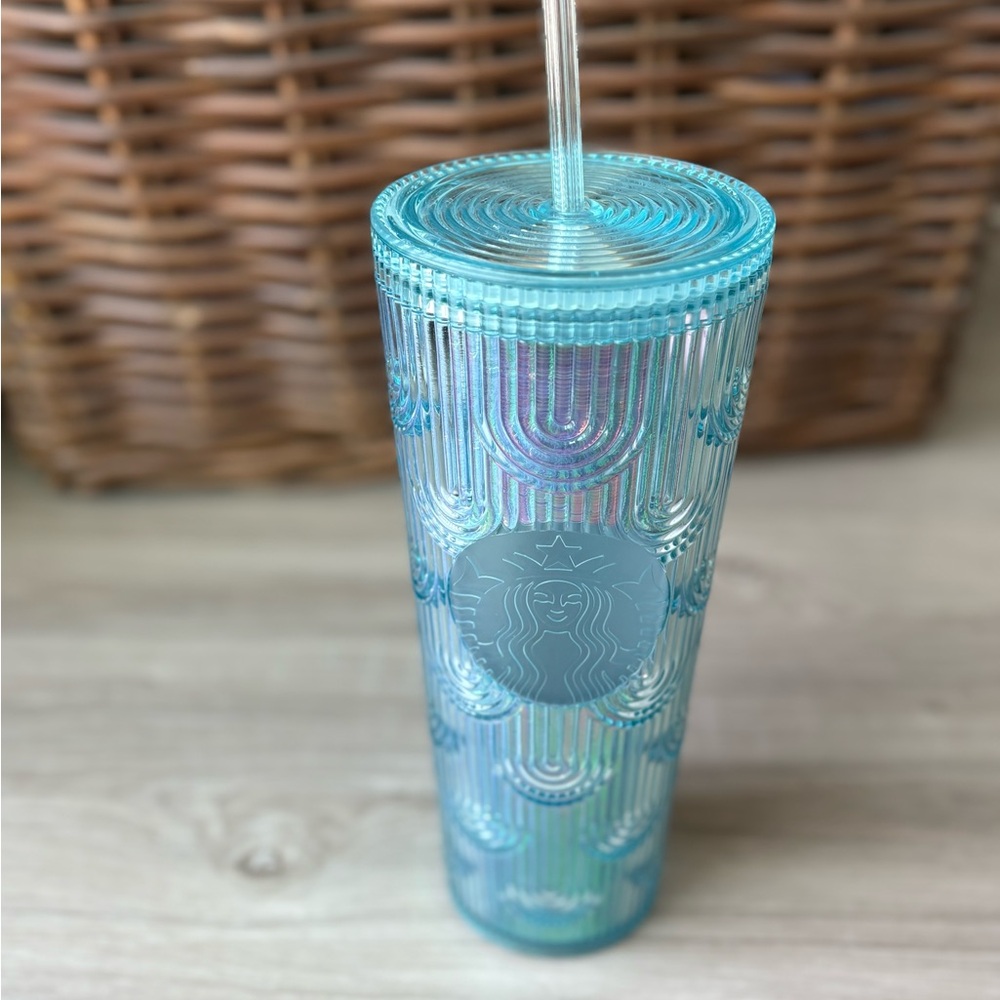 Starbucks Iridescent Blue Tumbler with Mermaid Scale Design and Straw
